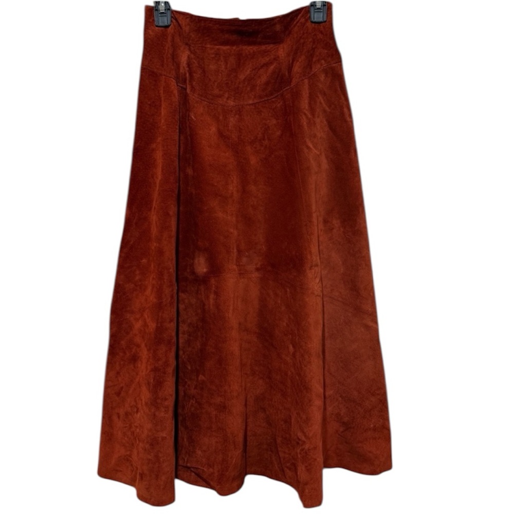 VTG Made in USA Brown Suede‎ Midi Skirt Quiet Luxury Equestrian Runway Academia